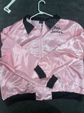Pink Ladies Satin Bomber Jacket - Pink with Black Trim